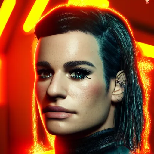 Prompt: lea michele portrait, cyberpunk 2 0 7 7, cyberpunk judy alvarez, photorealistic, ultra detailed, neon, octane, bokeh, cinematic lighting, cyber, cyberpunk city, studio quality, feature, scars, cyberface, 8 k