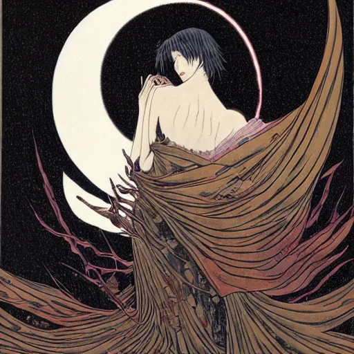 Prompt: vampire fairy demon looking at the moon at deep night by takato yamamoto and stephanie priscilla, 4 k oil painting