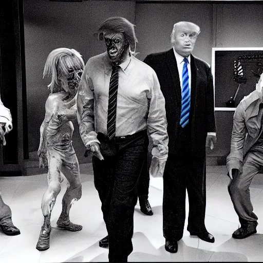 Image similar to zombie donald trump visits the foxnews studios, movie still, 4 k