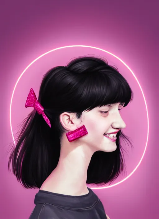 Image similar to portrait of teenage girl, realistic, black hair, bangs, half updo hairstyle, pointy nose, skinny, smile, ugly, defined jawline, big chin, pink hair bow, earrings, intricate, elegant, glowing lights, highly detailed, digital painting, artstation, sharp focus, illustration, art by wlop, mars ravelo and greg rutkowski