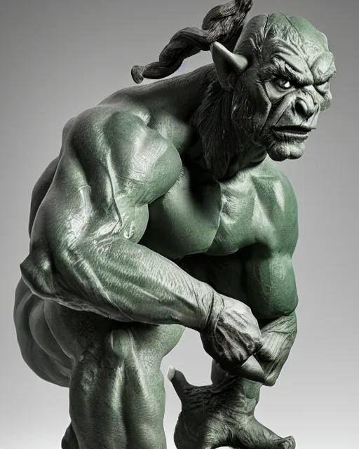 Image similar to a full figure rubber sculpture of crouching Orc, by Michelangelo, dramatic lighting, rough texture, subsurface scattering, wide angle lens