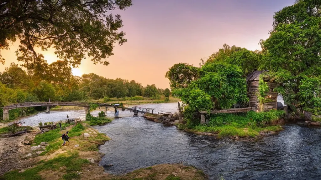 Prompt: small wooden cottage by the river, a tree with vines wrapped around it, two crows on the tree, tranquility, arch stone bridge over the river, an old man riding a horse on the bridge, sunset