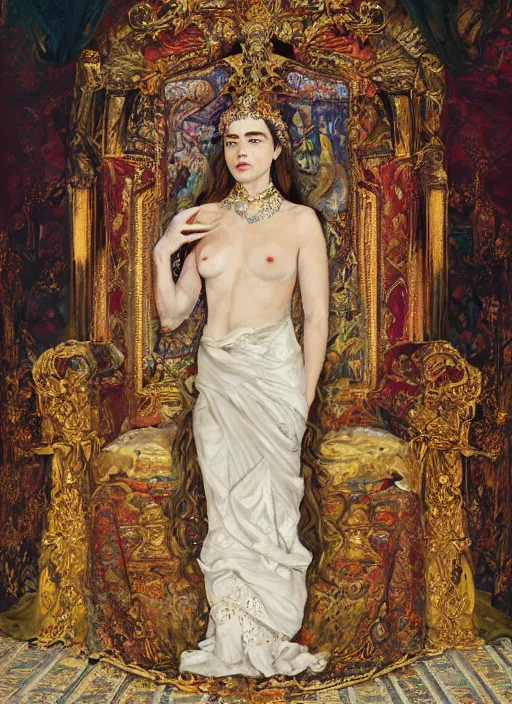 Image similar to oil painting of portait Queen of Ecstasy in a large throne room, Hungarian, Emilia Clarke by Yoshitaka Amano, by Georgia o Keeffe, by Gustave Moreau