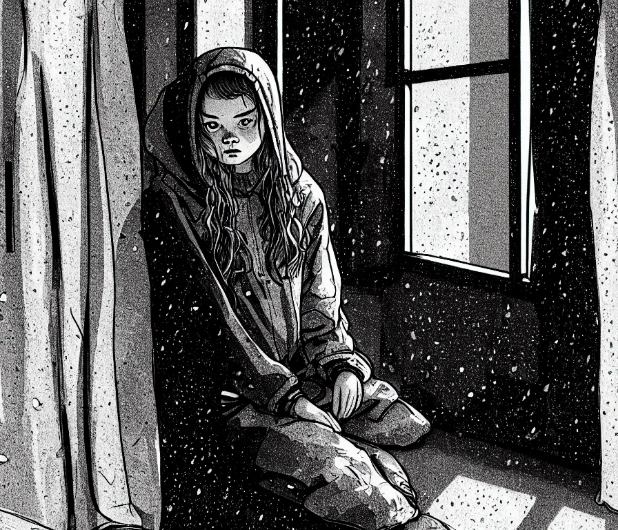 Prompt: sadie sink in hoodie sits on windowsill, knees tucked in | rain falls at night : storyboard, scifi cyberpunk. by chris bonura. cinematic atmosphere, detailed and intricate, perfect anatomy