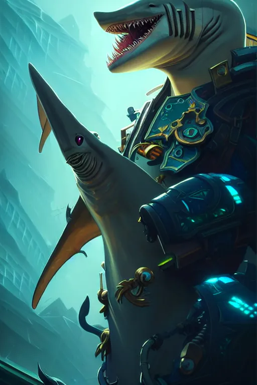 Image similar to anthropomorphic business shark character concept with cyberpunk implants, deep focus, d & d, fantasy, intricate, elegant, highly detailed, digital painting, artstation, concept art, matte, sharp focus, illustration, hearthstone, art by artgerm and greg rutkowski and alphonse mucha