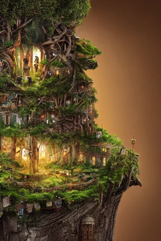 Prompt: a miniature city built into the trunk of a single colossal tree in the forest, with tiny people, lit windows, close - up, low angle, wide angle, awe - inspiring, highly detailed digital art