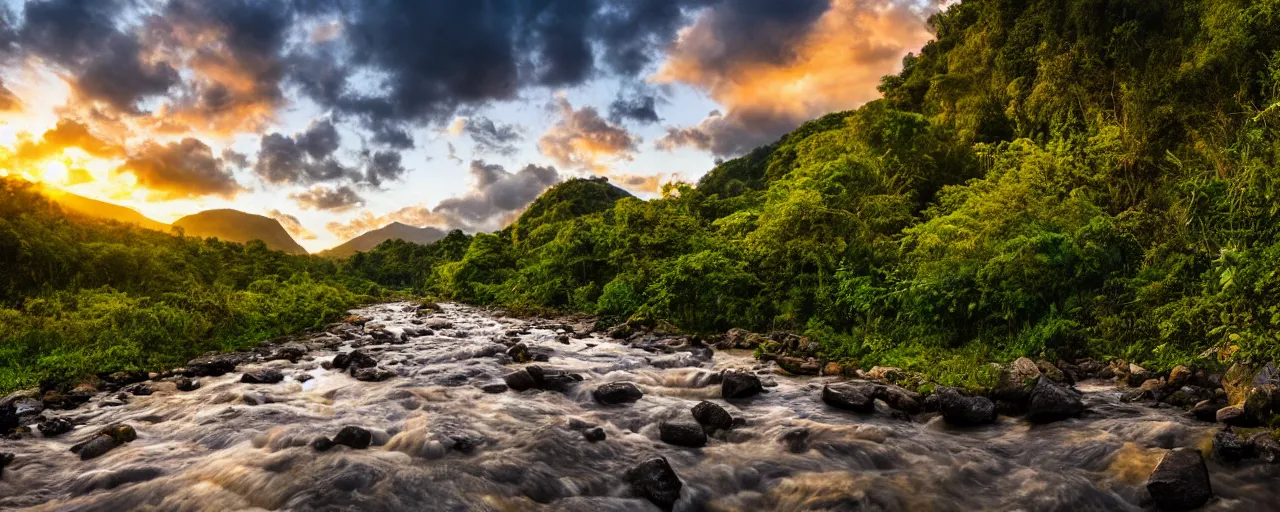 Prompt: River flows through a jungle in the mountains, golden hour, reflections, clouds, flowers, birds, landscape photography, award winning, high detail