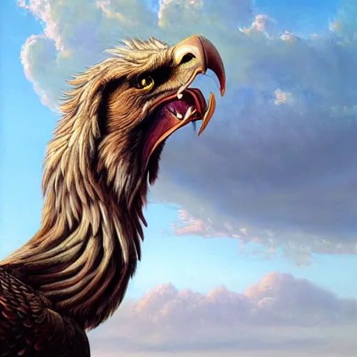 Image similar to a realistic oil painting portrait of a griffon, resembling a winged lion with an eagle head, highly detailed, trending on artstation, by james gurney and michael whelan