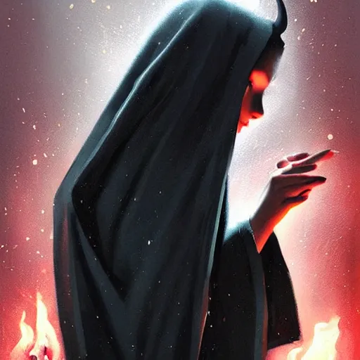 Image similar to “a beautiful girl wearing a black robe performing a satanic ritual by Greg Rutkowski, dark fantasy, realism, trending on Artstation”