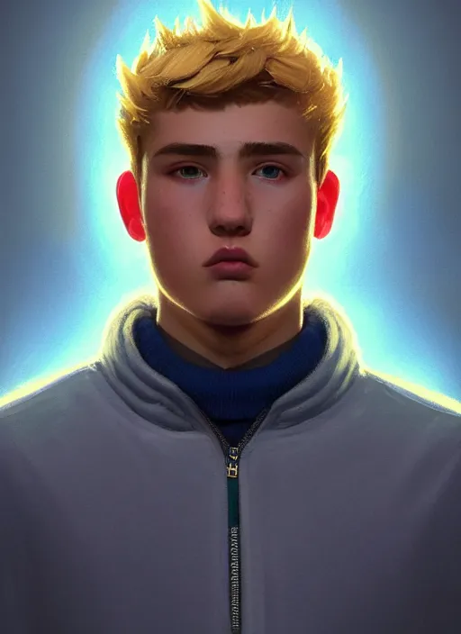 Image similar to portrait of high school senior boy named big moose, blonde short hair, jock, beefy, wide face, square jaw, square facial structure, blue varsity jacket with his name, intricate, elegant, glowing lights, highly detailed, digital painting, artstation, concept art, sharp focus, illustration, art by wlop, mars ravelo and greg rutkowski