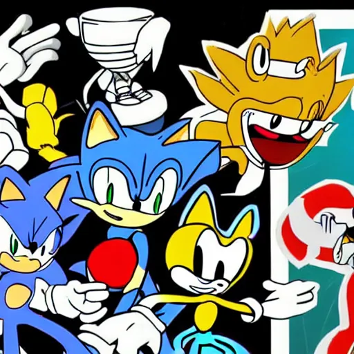 Prompt: Sonic The Hedgehog in the style of Cuphead