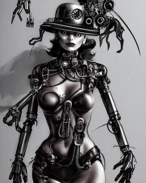 Prompt: margo robbie, steam punk, half robot, evil 8 k, concept art, extremely detailed, black and white, by hajime sorayama