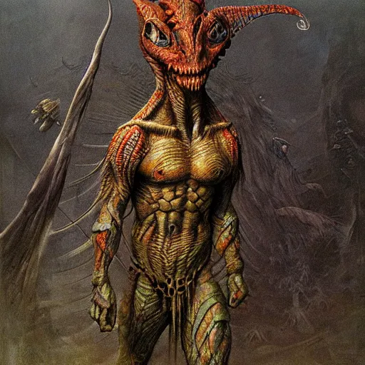 Prompt: lizardman warrior concept, tribal, beksinski, - n 9