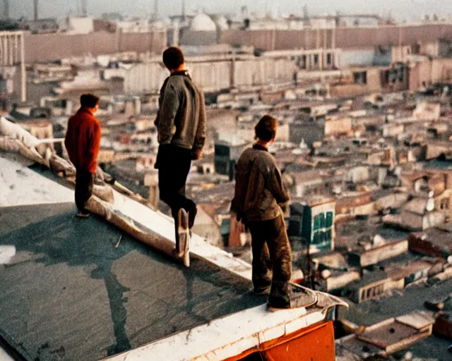 Image similar to lomo photo of roofjumpers climbing on roof of soviet hrushevka, small town, cinestill, bokeh, out of focus