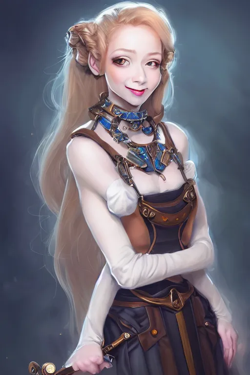 Image similar to portrait of a gorgeous young female artificer holding a strange mechanical device, looking at camera, D&D, choker on neck, stylish dress, mouth slightly open, cute slightly nerdy smile, very long flowing hair, intricate, elegant, stylish, fantasy, extremely detailed, digital painting, artstation, concept art, smooth, sharp focus, illustration, stunning lighting, art by artgerm and greg rutkowski and alphonse mucha and simon stalenhag