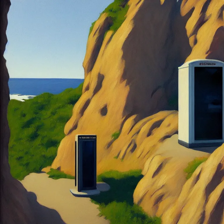 Image similar to phonebooth on a cliff, painted by Edward Hopper, painted by James Gilleard, airbrush