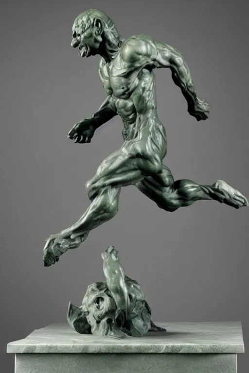 Prompt: a full figure marble sculpture of a running goblin, rough texture by Rodin and Frazetta