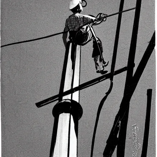 Image similar to A lineman working on a utility pole (telephone pole), a wasp nest on the pole. painting, commercial illustration, 1960s,