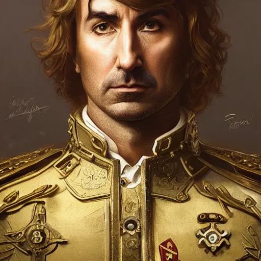 Image similar to portrait of stoic looking john oliver as the vigo carpathian painting, military uniform, fantasy, intricate, elegant, highly detailed, centered, dark, smokey, digital painting, artstation, concept art, smooth, sharp focus, illustration, art by artgerm and greg rutkowski and alphonse mucha