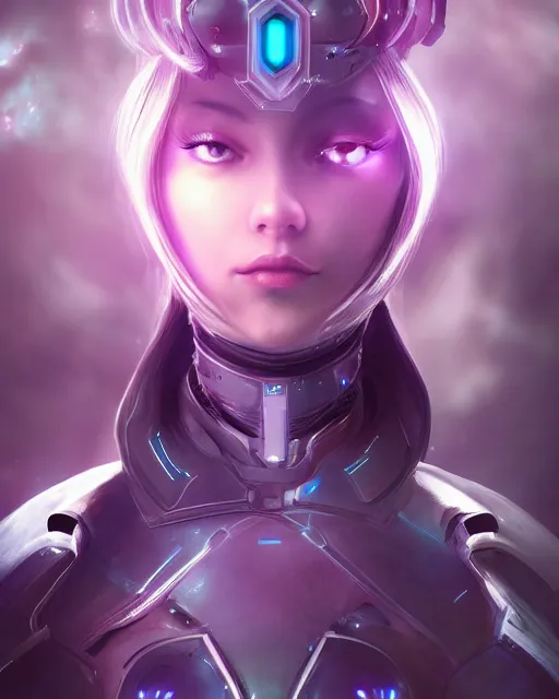 Image similar to perfect android girl on a mothership, warframe armor, beautiful face, scifi, futuristic, galaxy, nebula, raytracing, dreamy, long white hair, blue cyborg eyes, sharp focus, cinematic lighting, highly detailed, artstation, divine, by gauthier leblanc, kazuya takahashi, huifeng huang