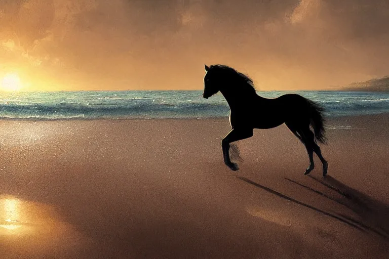 Image similar to a horse running on the beach at sunset by greg rutkowski