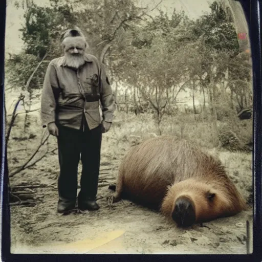 Image similar to old polaroid photo of an old man holding a rifle and standing proudly next to a giant capybara sleeping