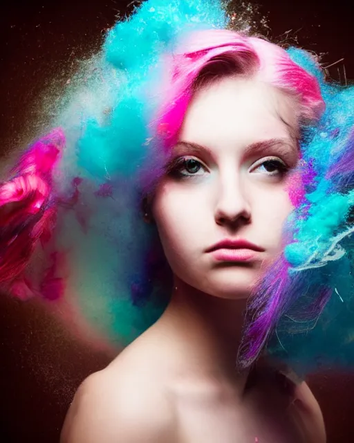 Image similar to a dramatic lighting photo of a beautiful young woman with cotton candy hair. paint splashes. with a little bit of cyan and pink