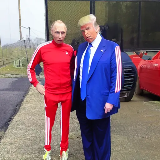 Prompt: donald trump posing in a red addidas track suit next to vladimir putin