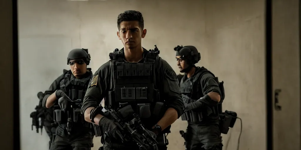 Image similar to vfx film, swat team squad crew, breach and clear, gang house, flat color profile low - key lighting award winning photography arri alexa cinematography, cinematic beautiful natural skin, famous face, atmospheric cool color - grade