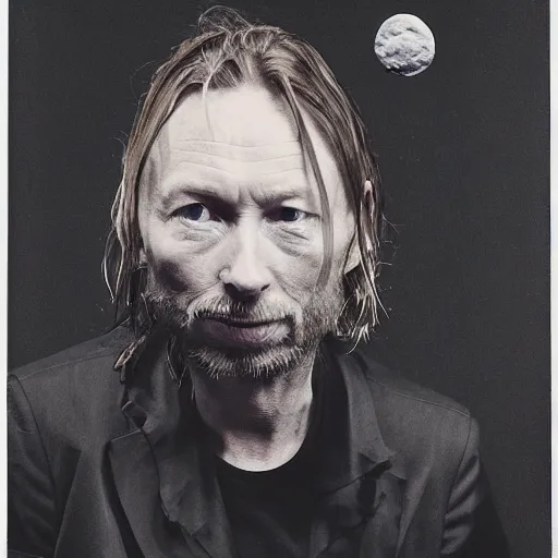 Image similar to aged Thom Yorke, Radiohead singer Thom Yorke, holding the moon upon a stick, with a beard and a black jacket, a portrait by John E. Berninger, dribble, neo-expressionism, uhd image, studio portrait, 1990s