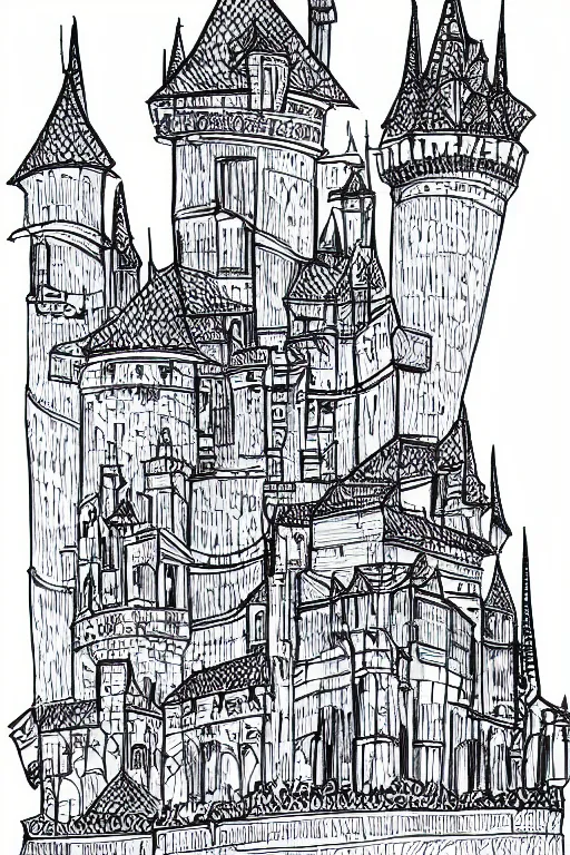 Image similar to single line sketch of elaborate intricate castle, scribble sketch, small details,