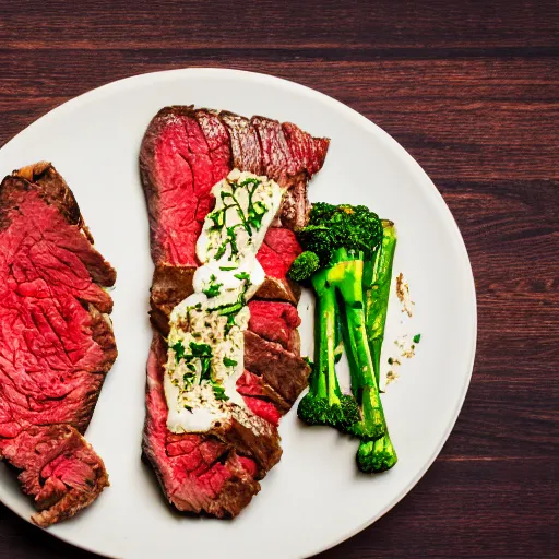 Prompt: advertising photography of a delicious large seasoned steak, topped with melted mozzarella cheese, and a side of seasoned vegetable medley, all served on a wooden table, spot, lighting, dark background