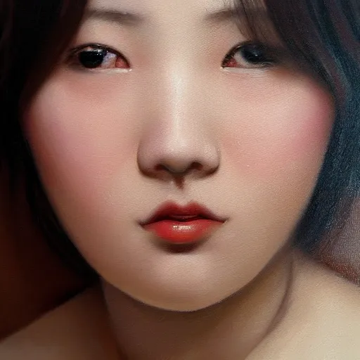 Image similar to perfect, realistic oil painting of close-up japanese girl face, by Sakimichan, by an American professional senior artist, Hollywood concept, dynamic composition and motion, postproduction.