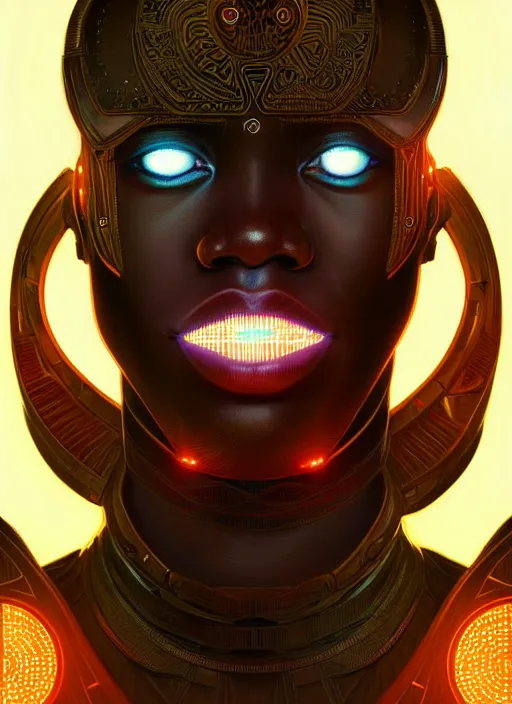 Image similar to symmetry!! portrait of african man tribal warrior, sci - fi, tech wear, glowing lights!! intricate, elegant, highly detailed, digital painting, artstation, concept art, smooth, sharp focus, illustration, art by artgerm and greg rutkowski and alphonse mucha