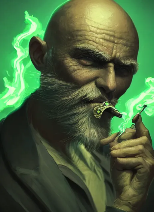 Image similar to a highly detailed illustration of bald old man smoking with green glowing eyes, dramatic standing pose, nuclear background, intricate, elegant, highly detailed, centered, digital painting, artstation, concept art, smooth, sharp focus, league of legends concept art, wlop.