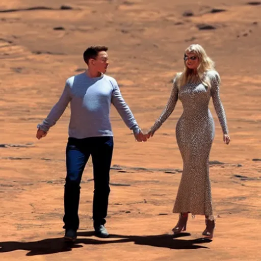 Prompt: elon musk and margot robbie holding hands on mars, highly detailed, hyper realistic