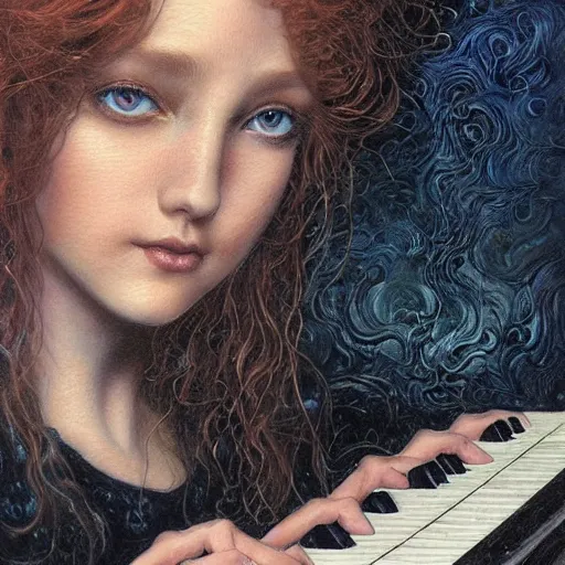 Prompt: realistic detailed face portrait of Elesky, a young redhaired woman playing the piano, by Ayami Kojima, Amano, Charlie Bowater, Karol Bak, Greg Hildebrandt, Jean Delville, and Mark Brooks, Art Nouveau, Neo-Gothic, gothic, rich deep moody colors The seeds for each individual image are: [2494430636, 1032106751, 2063300223, 3127318783, 2806927615, 1614572159, 3237315913, 4237549348]