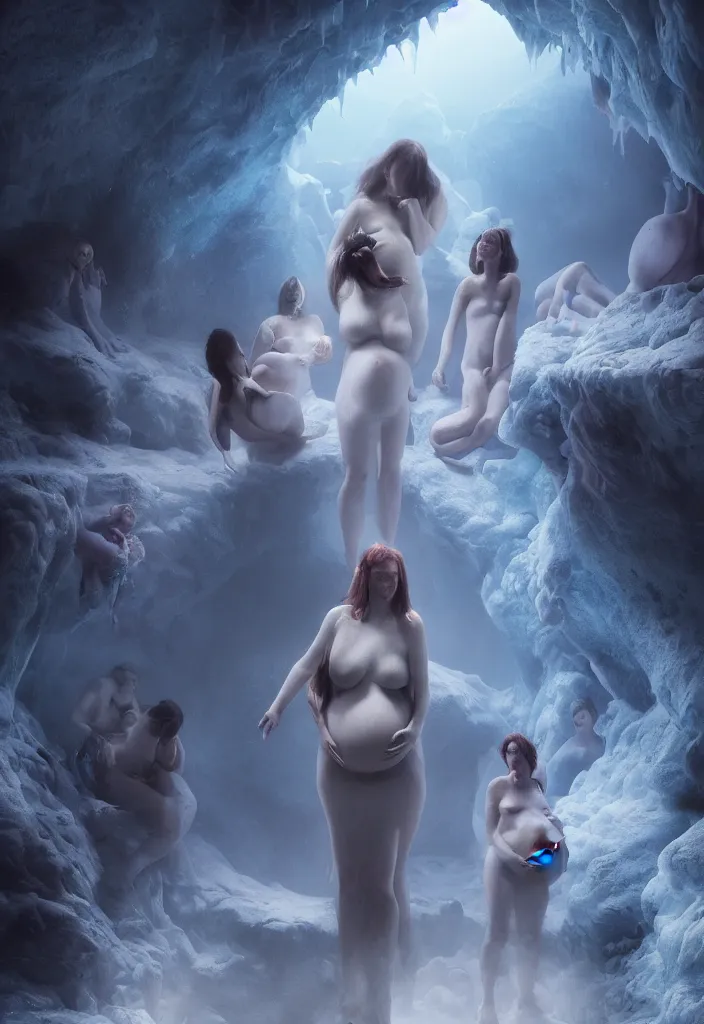 Prompt: epic pregnant woman talking to all her tribe with fluorescence bodies, proud people gather around the pregnant woman, ice cave, facinating, fantasy digital art, octane render, beautiful composition, trending on artstation, award - winning matte painting, masterpiece