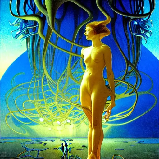 Image similar to realistic extremely detailed portrait painting of a glowing silhouette, futuristic sci-fi landscape on background by Jean Delville, Amano, Yves Tanguy, Alphonse Mucha, Ernst Haeckel, Edward Robert Hughes, Roger Dean, rich moody colours, blue eyes