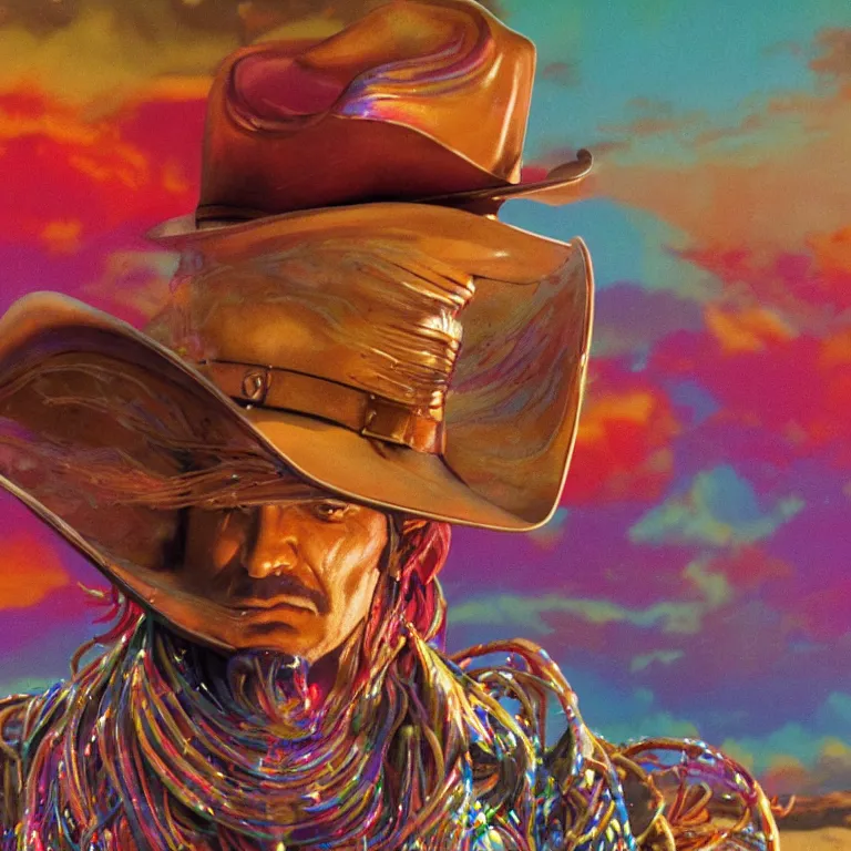 Prompt: 1 9 7 0's spaghetti western film octane render portrait by wayne barlow and carlo crivelli and glenn fabry, a person wearing a shiny colorful iridescent latex suit and cowboy hat covered in colorful slime, standing in a colorful scenic western landscape with multicolored clouds, cinema 4 d, ray traced lighting, very short depth of field, bokeh