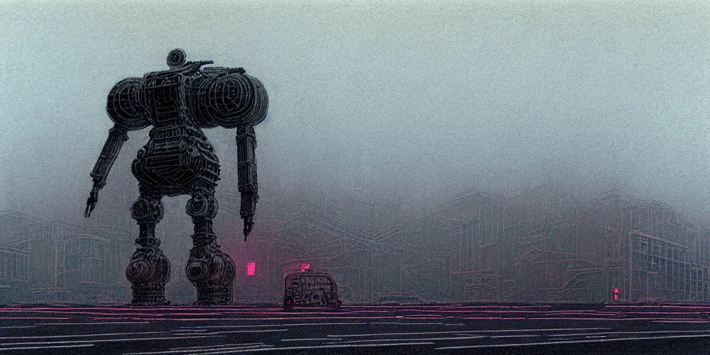 Prompt: grainy risograph matte painting of gigantic huge mech covered with wounds, black, pastel matte colors, staying in the foggy huge hyperrealism, parking station, by moebius, intricate detailed