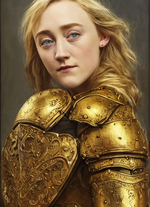 Prompt: beautiful rugged sultry thick saoirse ronan, blonde hair, wearing gold armour, posing seductive, smirk, ornate wreath, oil painting by titian, hard focus, portrait