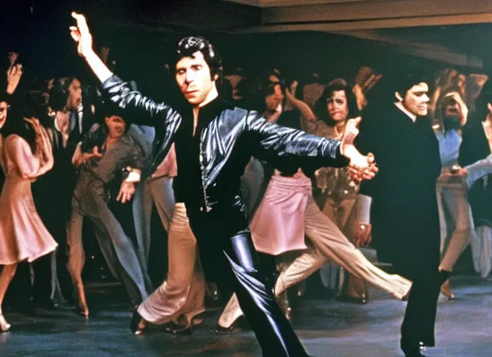 Prompt: john travolta's famous saturday night fever album cover in his famous dance pose 4 k