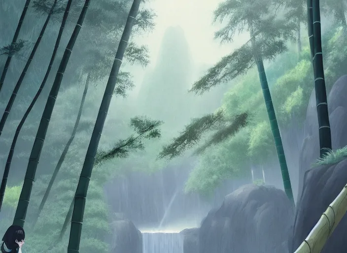 Prompt: misty japanese bamboo forest, lake, large mountain, waterfall!!!!!, sunny, cartoony, stylized anime, sun rays, soft, moody lighting, by hayao miyazaki, ghibli studio, makoto shinkai, toei animation, studio trigger, trending on artstation, 4 k, hd