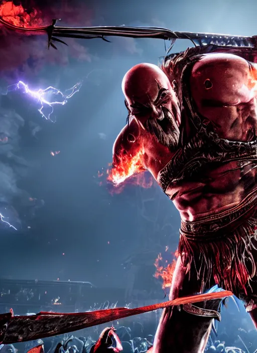 Prompt: red right eye paint stripe armored screaming kratos rocking hard on a flaming stratocaster guitar, cinematic render, god of war 2 0 1 8, playstation studios official media, lightning, flames, clear, coherent, guitar