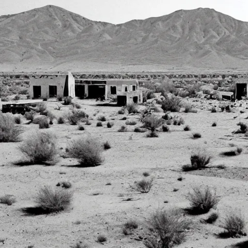 Prompt: old photo of a ghost town in the desert