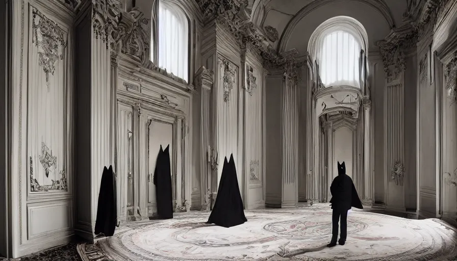 Image similar to Batman standing in giant Italian modern castle living room, clean minimalist design, that is 1300 feet tall, with very tall giant walls filled with modern art paintings, doors that are cosmic portals, photo by Annie Leibovitz