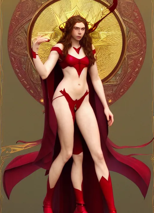 Image similar to Scarlet Witch as Lucifer morningstar Au Naturel, full body, hyper realistic, trending on artstation, art by Alphonse Mucha and J. C. Leyendecker and Edmund Bliar Leighton and Charlie Bowater, unreal engine render, octane render