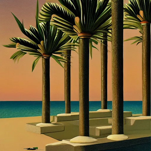 Prompt: vaporwave palm trees, Gertrude Abercrombie, highly detailed, masterpiece, trending on ArtStation, ultra realistic
