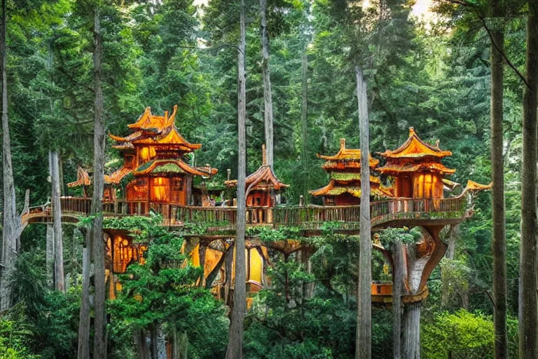 Prompt: treehouses from gaudi in a deep mystical forest, floating chinese lampoons, lake, waterfall, dynamic lighting, blockhaus architecture, night mood